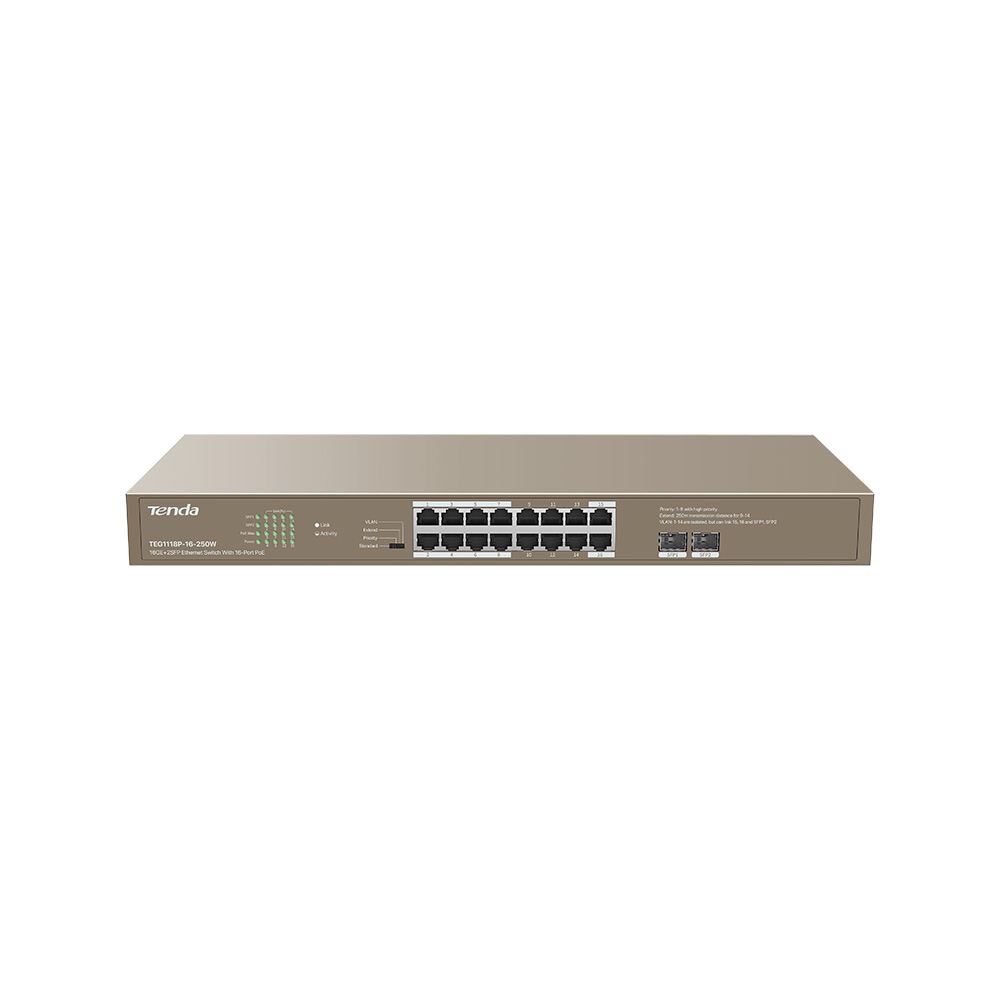 TENDA TEG1118P-16-250W 16GE PoE Port (250W), 2xSFP Switch